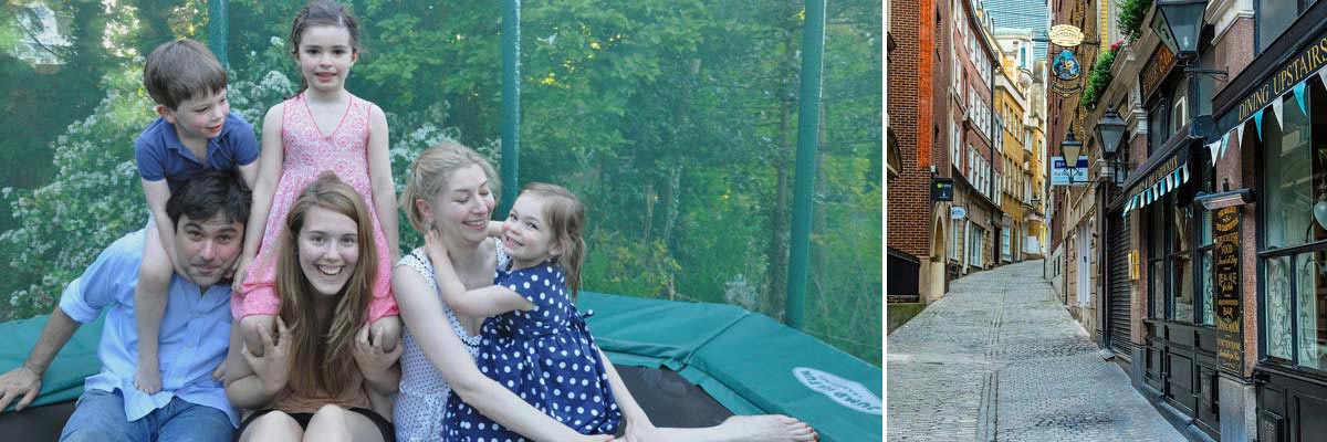 Karine's children with her au pair on a trampoline